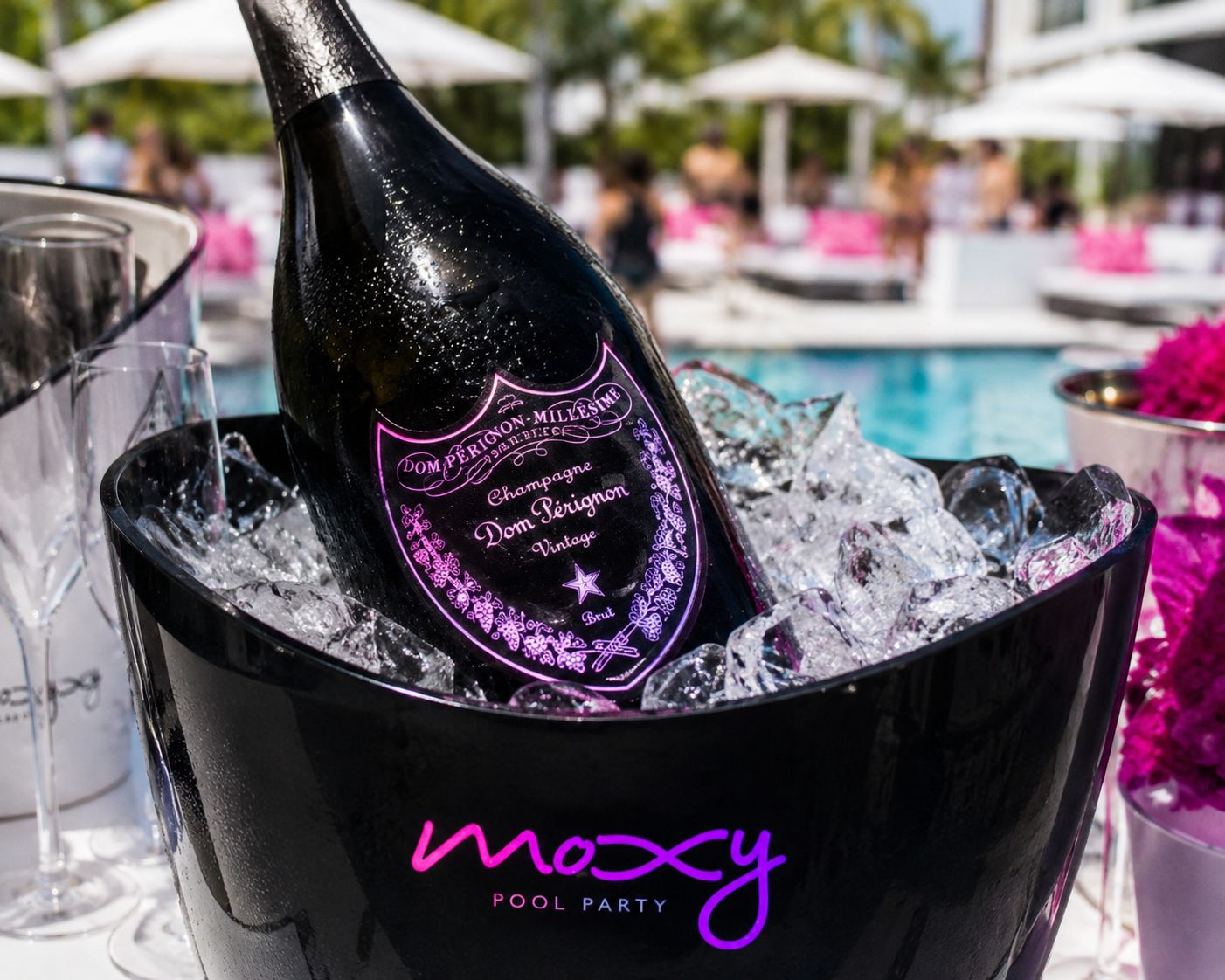 Dom Pérignon Rosé chilling in a Moxy Pool Party ice bucket